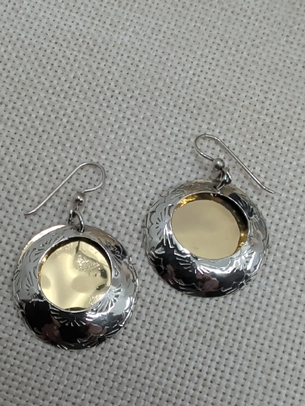 Vintage Sterling Silver Two Tone Stamped Circle Disc Dangle Earrings Artisan - Picture 11 of 17